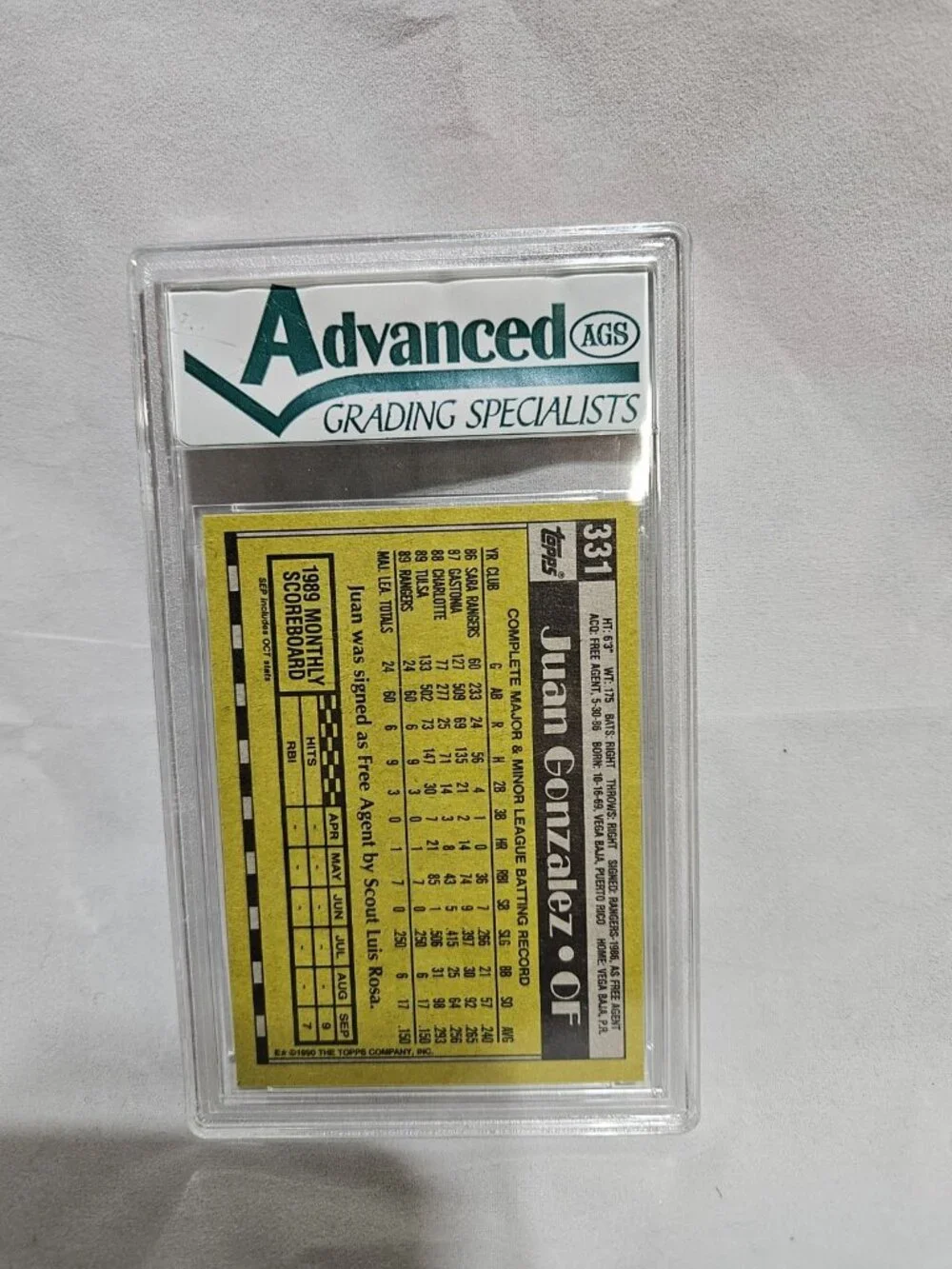 1990 Topps Juan Gonzalez Rookie RC #331 AGS 8 NM-MT Texas Rangers